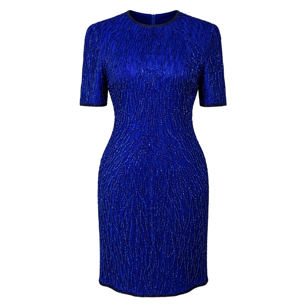 Vintage Laurence‎ Kazar Blue Silk Beaded Sequin Cocktail Dress Womens L Drag